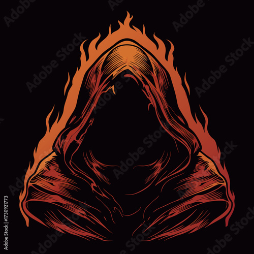 Mysterious flaming hooded figure vector illustration on dark background, cloaked silhouette with a fiery aura, fantasy art, enigma