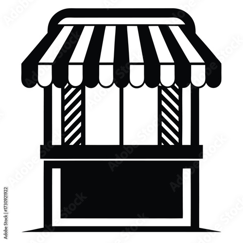 Black and White Illustration of a Stand with Striped Awning and Side Details