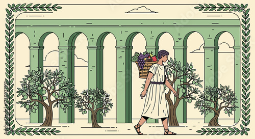Illustration depicting a figure from antiquity carrying fruit through an olive grove arcade in a