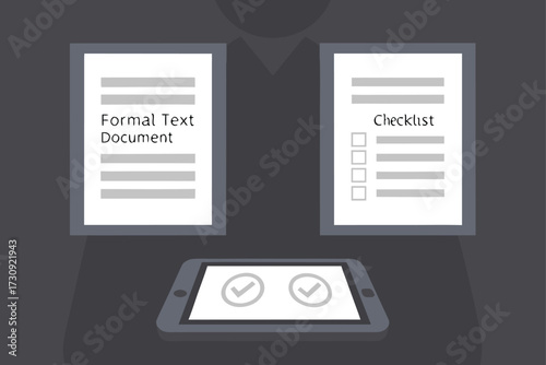 Tablet Displaying Checkmarks Between Formal Document and Checklist technology device