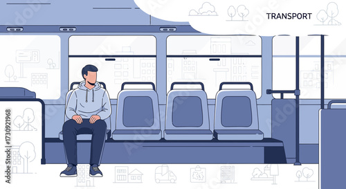 Illustration depicting a solitary figure on public transport showcasing urban loneliness
