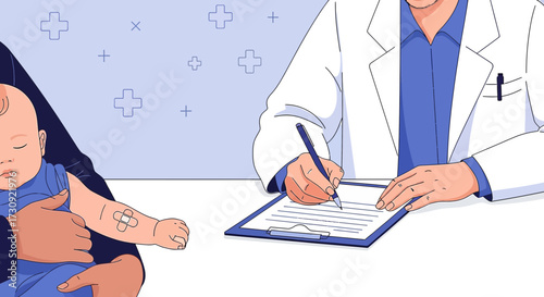 Illustration depicting a pediatrician vaccinating a baby during a routine check-up visit