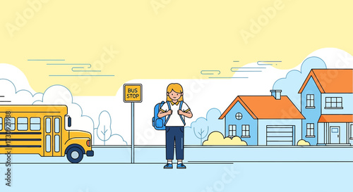 Illustration depicting a student waiting for the school bus in a suburban neighborhood setting