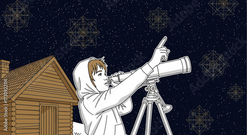 Illustration of a Boy with a Telescope in Front of a Cabin Under Starry Night Sky
