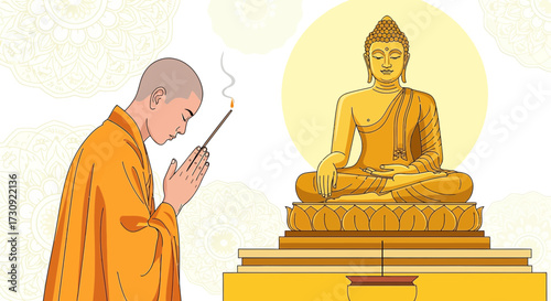 Illustration of a Buddhist Monk Praying with Incense to a Golden Buddha Statue
