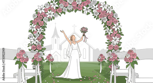 Illustration of a bride under a floral arch in front of a church celebrating her special day