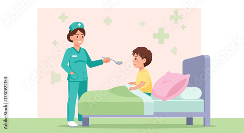 Illustration of a caring nurse feeding medicine to a sick child in bed at the hospital