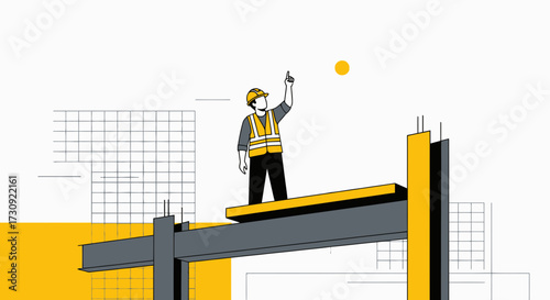 Illustration of a construction worker pointing upwards on a building site beam indicates success