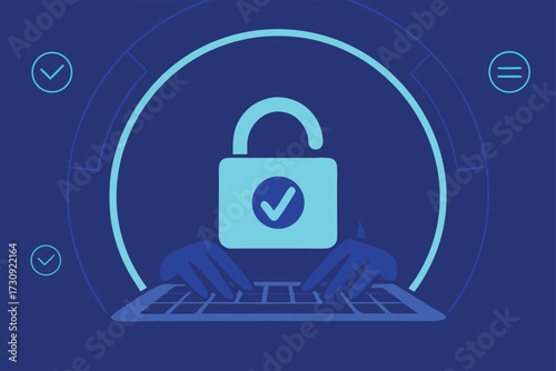 Unlocked Padlock with Checkmark and Hands Typing open security