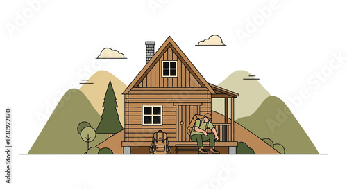 Illustration of a Cozy Cabin Retreat in the Mountains with a Relaxing Hiker