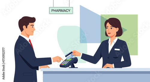 Illustration of a Customer Paying at a Pharmacy with a Credit Card via POS Terminal