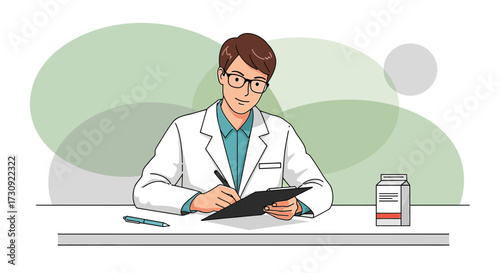Illustration of a healthcare professional documenting patient information in a clinic setting with