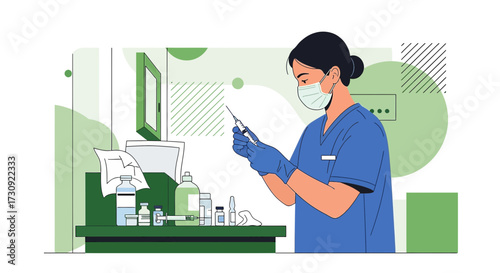 Illustration of a healthcare worker preparing a vaccine injection in a clinical setting