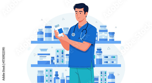 Illustration of a male pharmacist holding a medicine bottle and standing in a pharmacy holding