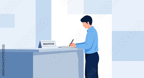 Illustration of a man signing a registration form at a counter with registration signage