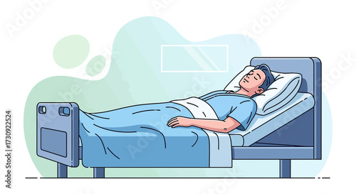 Illustration of a man resting in a hospital bed recovering from illness or surgery showing comfort