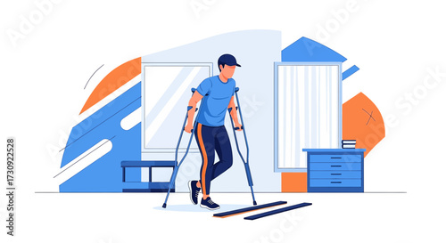 Illustration of a man walking with crutches indoors representing injury recovery