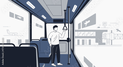 Illustration of a Man Standing on a Bus en Route to the Airport Terminal Building