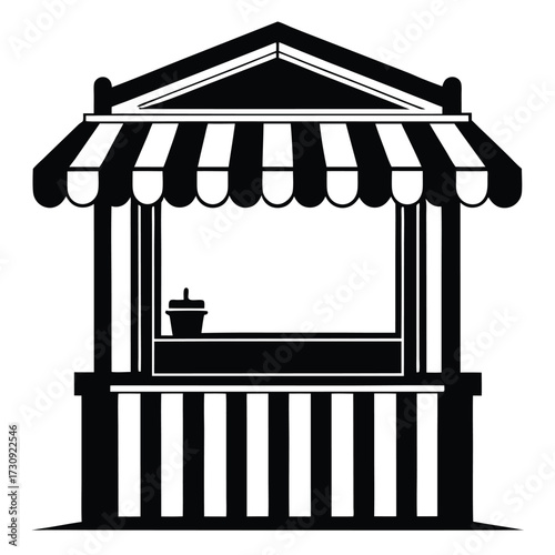 Black and White Graphic of a Striped Concession Stand with Drink