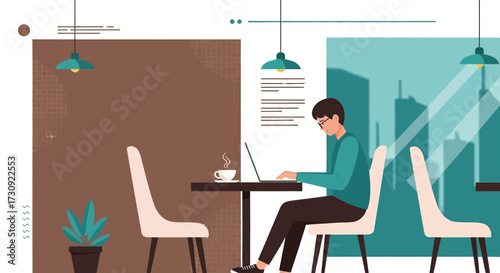 Illustration of a man working on a laptop in a modern cafe setting with coffee