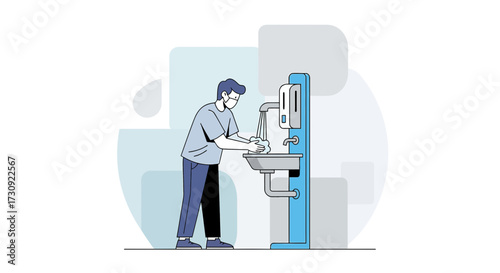 Illustration of a masked man washing hands with soap for hygiene and health protection