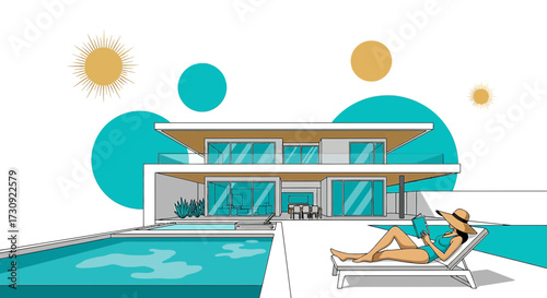Illustration of a modern villa with a swimming pool and a woman relaxing in summer