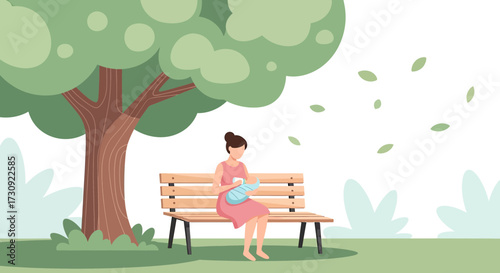 Illustration of a mother breastfeeding her baby in a peaceful park setting under a tree