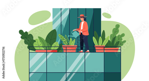 Illustration of a person watering plants on a modern urban balcony garden oasis on building