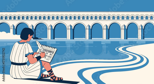 Illustration of a Roman Artist Sketching an Aqueduct with Feather Quill and Ink