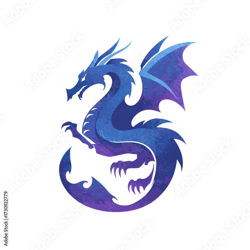 Majestic blue and purple fantasy dragon illustration, mythical creature with wings, powerful beast emblem design, symbolic beast artwork.