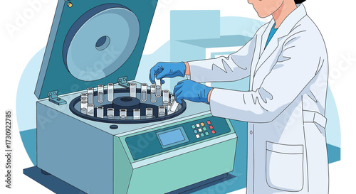 Illustration of a scientist using a centrifuge in a laboratory setting for research purposes