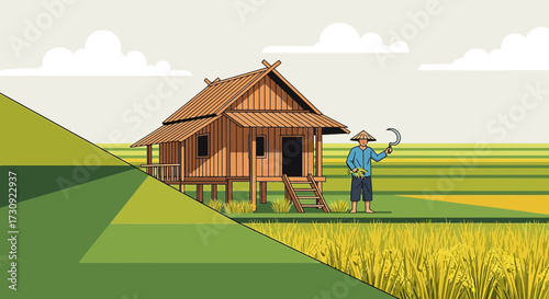 Illustration of a Traditional Asian House in a Rice Field with a Farmer working at Harvest Time