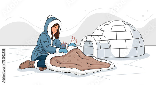 Illustration of a woman in winter clothing drinking a hot beverage near an igloo scene