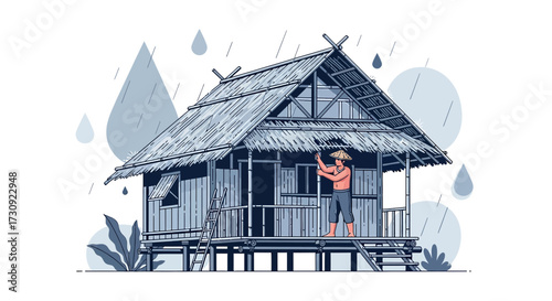 Illustration of a traditional wooden house in the rain with a farmer working outdoors maintaining it