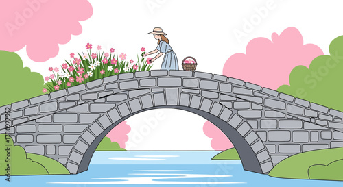 Illustration of a woman gathering flowers on a stone bridge, with a serene springtime atmosphere