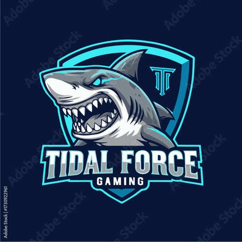 Fierce shark emblem logo for esports team or gaming brand with dynamic illustration and bold design elements, perfect for a powerful, competitive identity