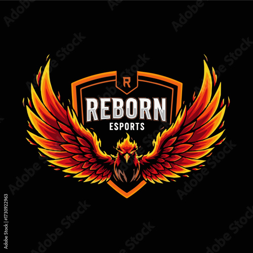 Bold reborn esports phoenix logo with fiery wings, perfect for gaming teams and streaming channels looking to make a powerful, unforgettable statement