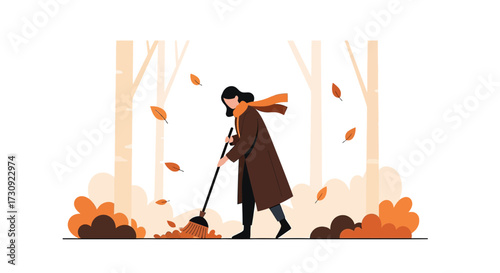 Illustration of a woman sweeping leaves in autumn with a broom in minimalist style