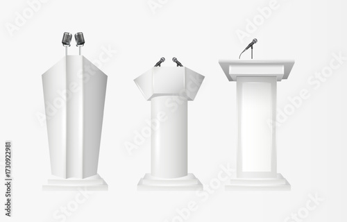White Podium Tribune Rostrum Stands with Microphones. Podium tribune with microphones isolated for business presentation, conference. Vector