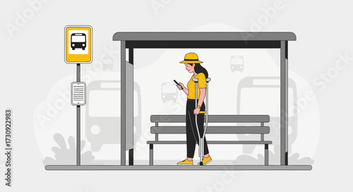 Illustration of a woman with crutches using a smartphone at a bus stop awaiting transportation