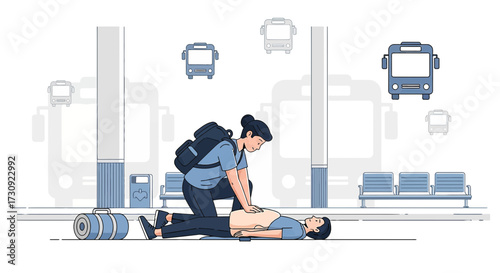 Illustration of a woman performing cpr on a man at a bus station during travel