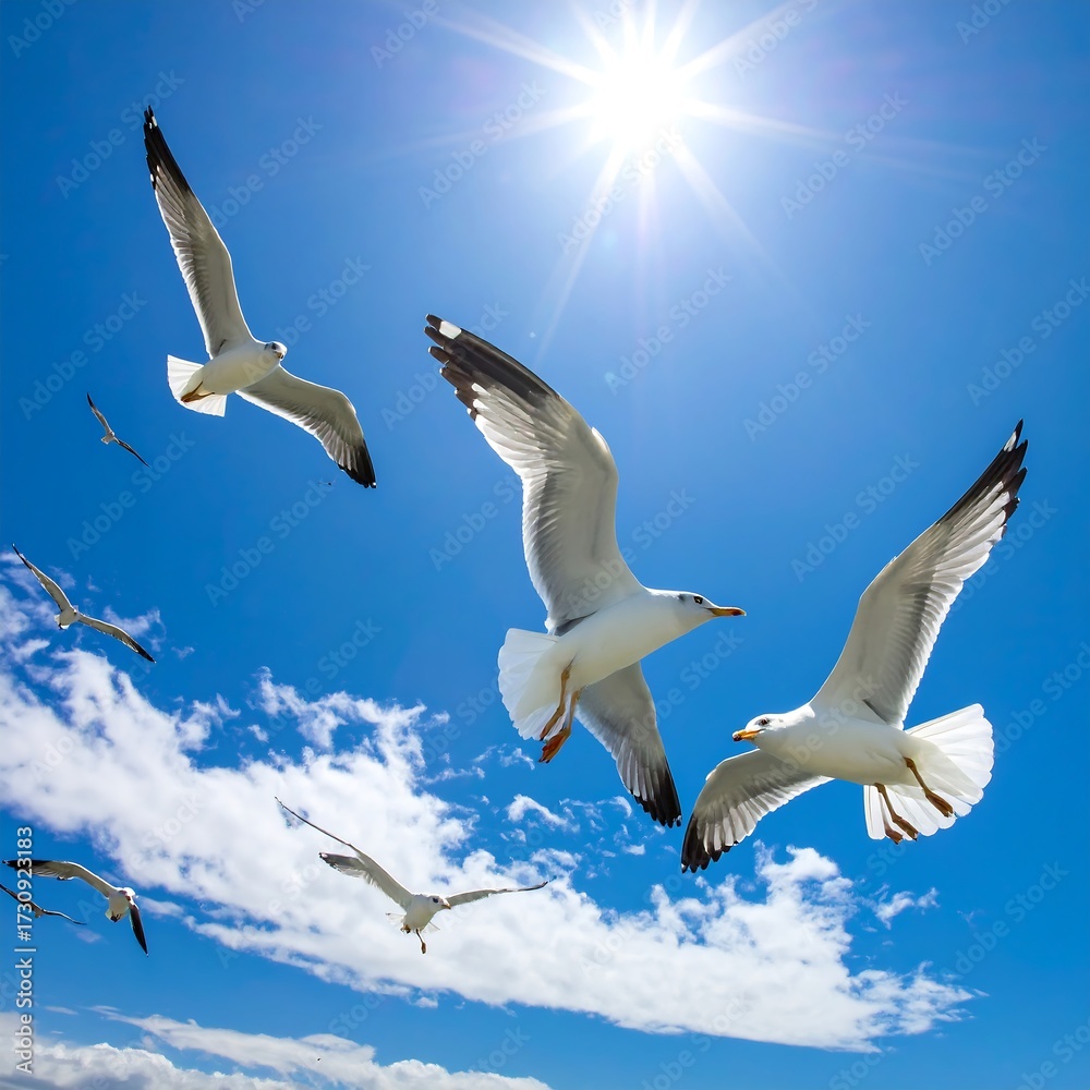 Obraz premium Seagulls Soaring in a Blue Sky.