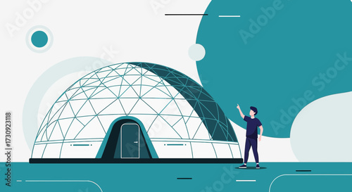 Illustration of geodesic dome structure with man pointing upwards against abstract background