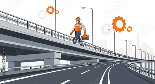 Illustration of an engineer walking on a bridge with a city skyline and gears in the background