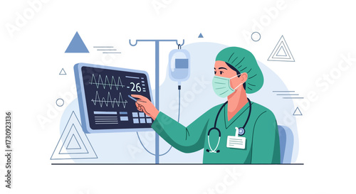 Illustration of medical professional monitoring patient vitals on a modern device during care