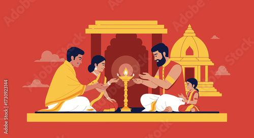 Illustration of Indian Family Praying During Diwali Celebration with Traditional Attire and Temple