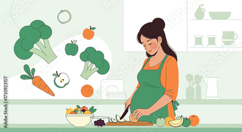 Illustration of pregnant woman preparing healthy food in the kitchen with fruits vegetables and