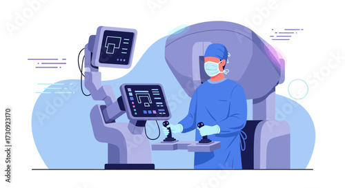 Illustration of robotic surgery with surgeon operating medical robot using joysticks