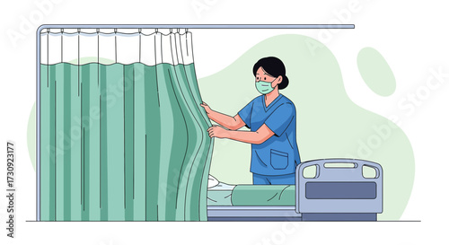 Illustration of nurse in mask pulling hospital curtain for patient privacy and healthcare setting