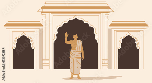 Illustration of traditional Indian man in dhoti standing before ornate gateway